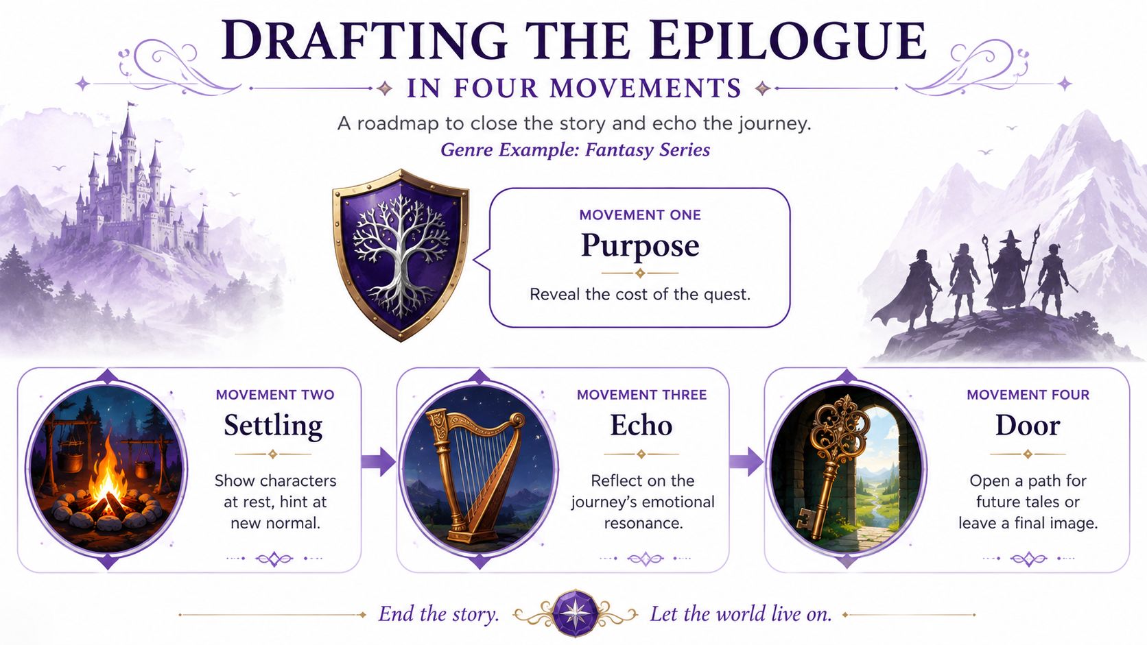 A visual guide titled Drafting the Epilogue, outlining four movements for closing a fantasy story narrative.