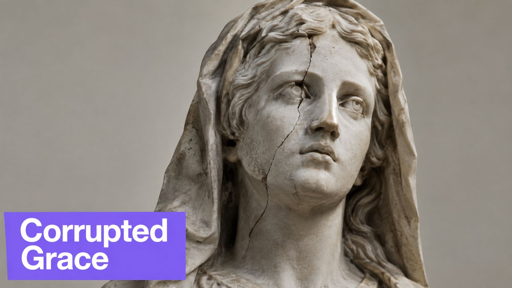 A marble statue of a woman with a prominent crack running through her face, titled Corrupted Grace.