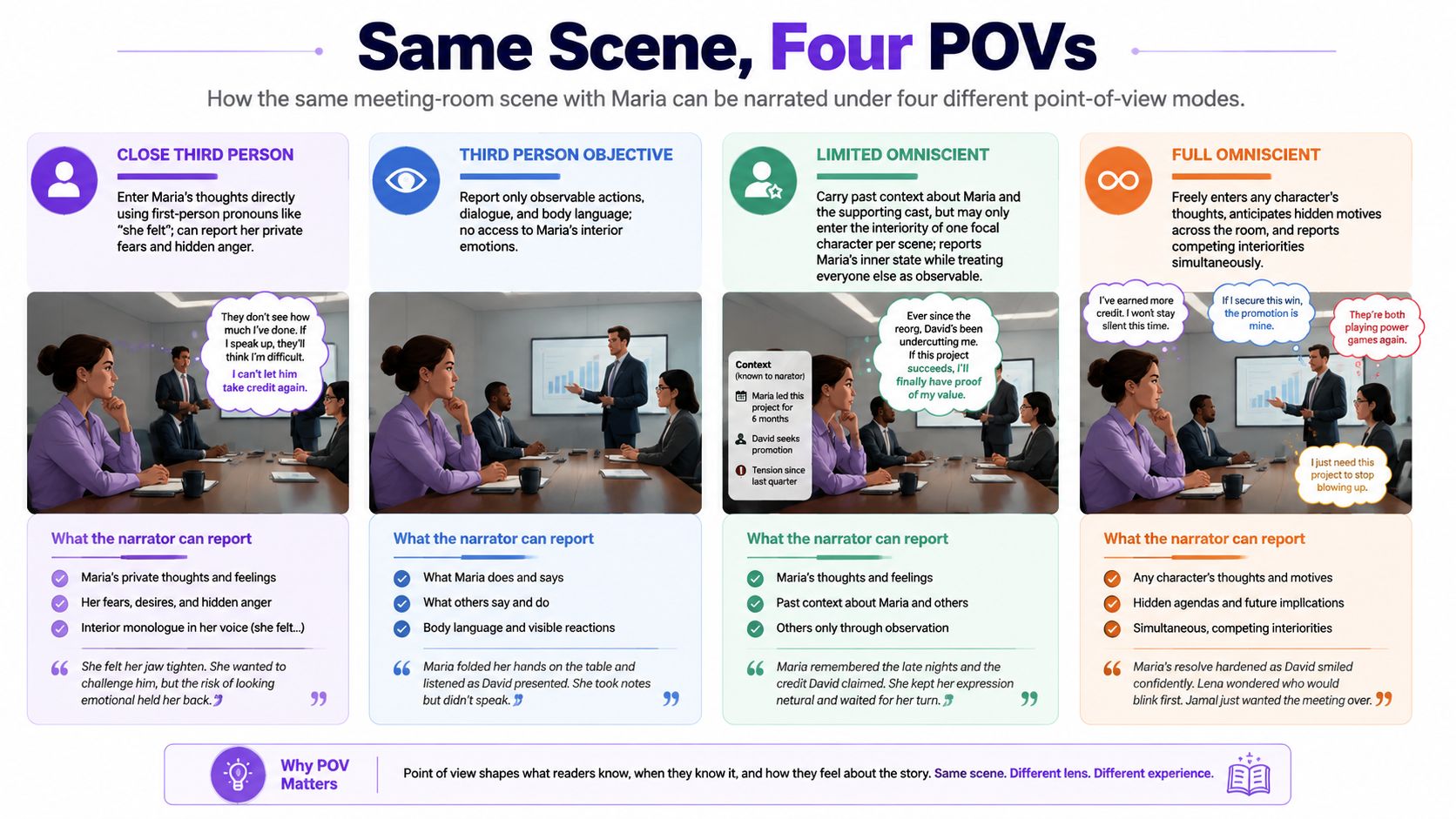 An infographic showing how four different points of view change the narration of a business meeting scene.