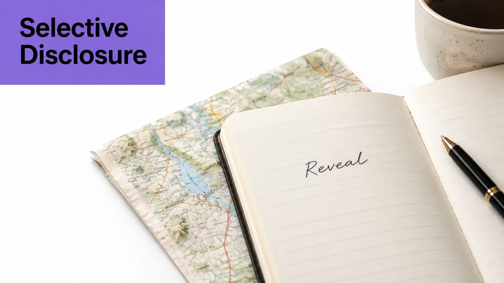 A notepad with the word Reveal written on the page, sitting on a map next to a pen.