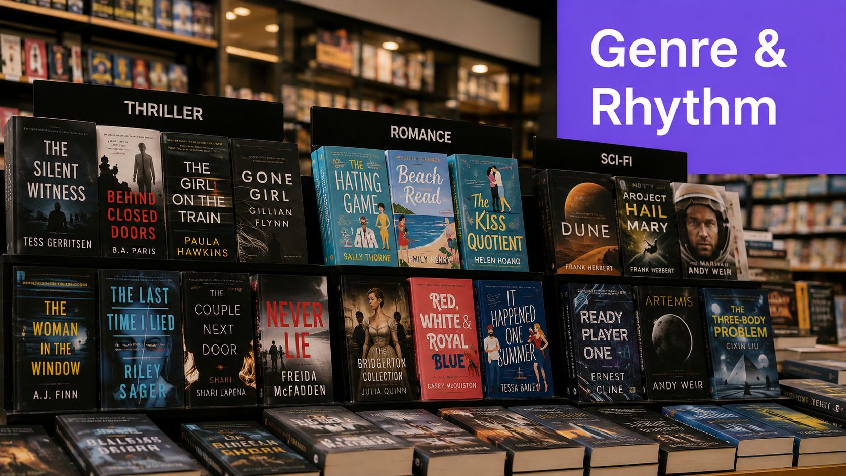A bookstore display case showcasing various novels categorized by thriller, romance, and science fiction genres.