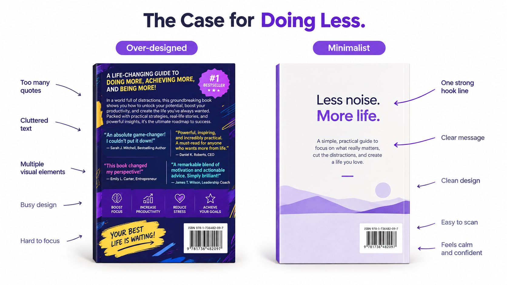 A side-by-side comparison of an over-designed book cover versus a clean, minimalist book cover design.