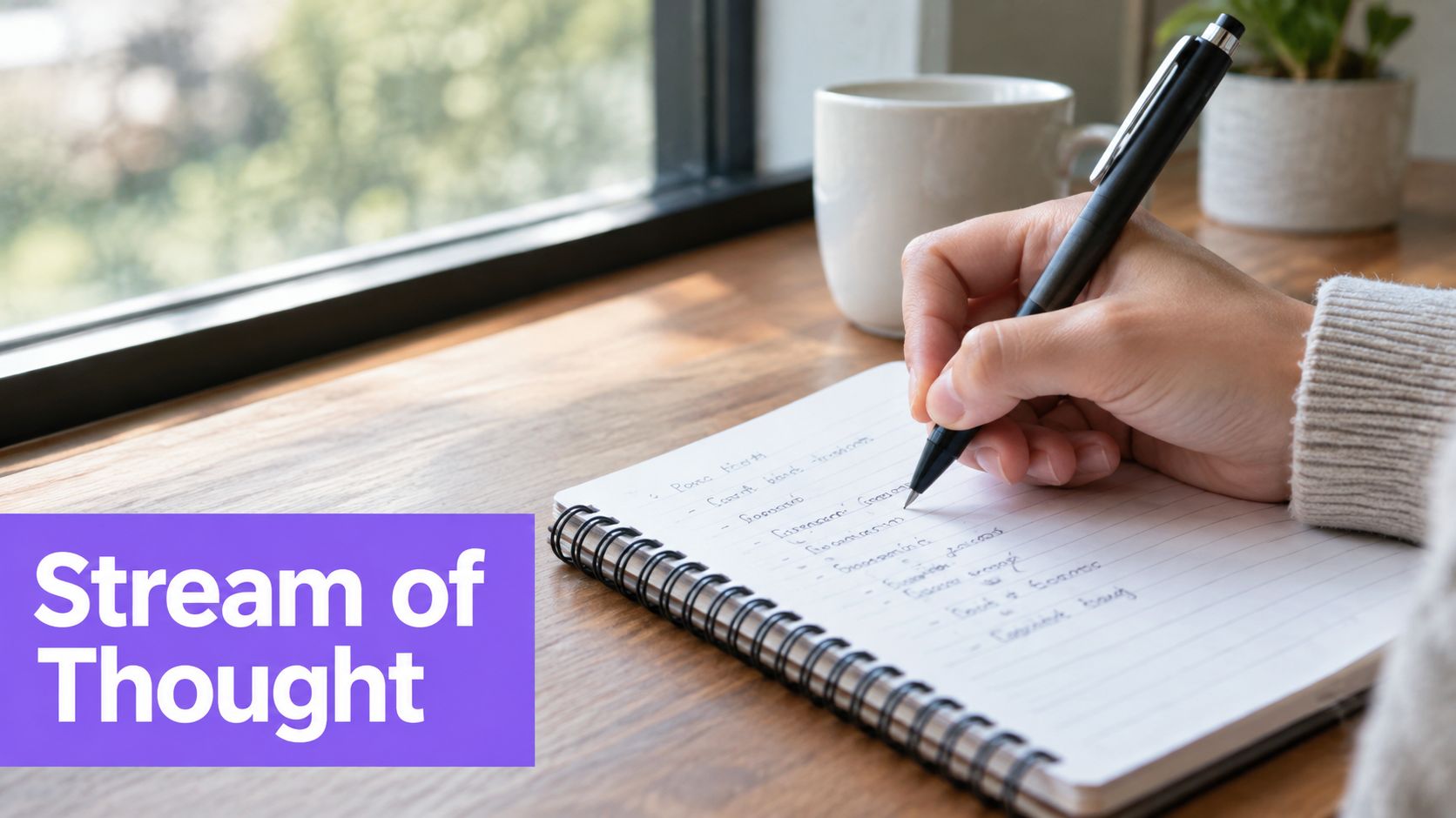 A close-up view of a person's hand writing in a spiral notebook on a wooden desk.
