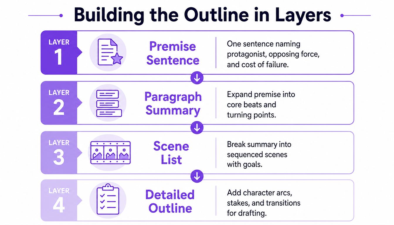 A four-layer diagram illustrating a step-by-step process for building a story outline from premise to draft.
