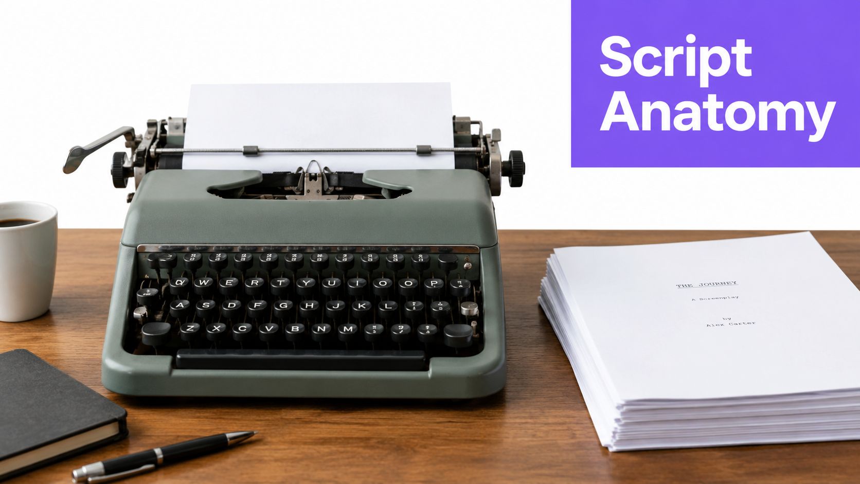 A vintage typewriter sits on a wooden desk next to a stack of screenplay papers.