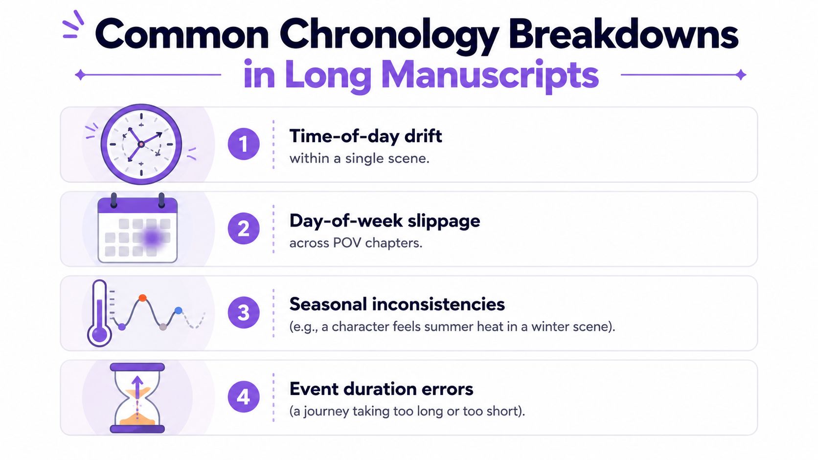 An infographic titled Common Chronology Breakdowns in Long Manuscripts illustrating four common timeline errors in writing.