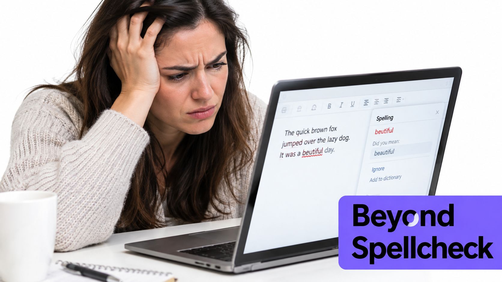 A frustrated woman looking at a laptop screen while working on text editing and spellcheck software.