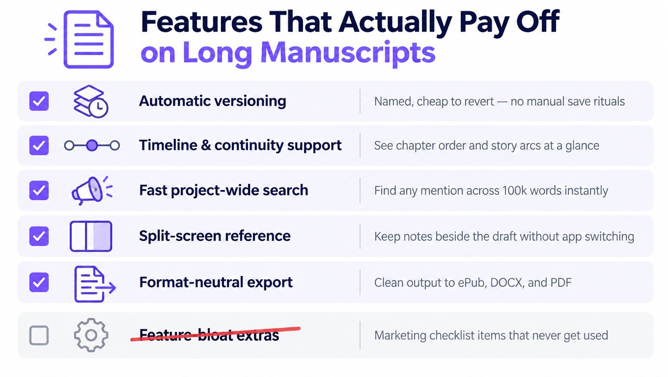 A table comparing helpful features for long manuscripts versus unnecessary feature bloat in writing software.