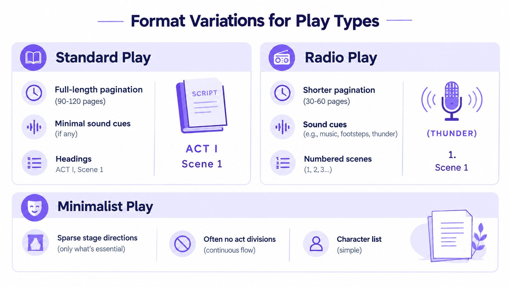 An infographic comparing the distinct formatting requirements for standard, radio, and minimalist play scripts.