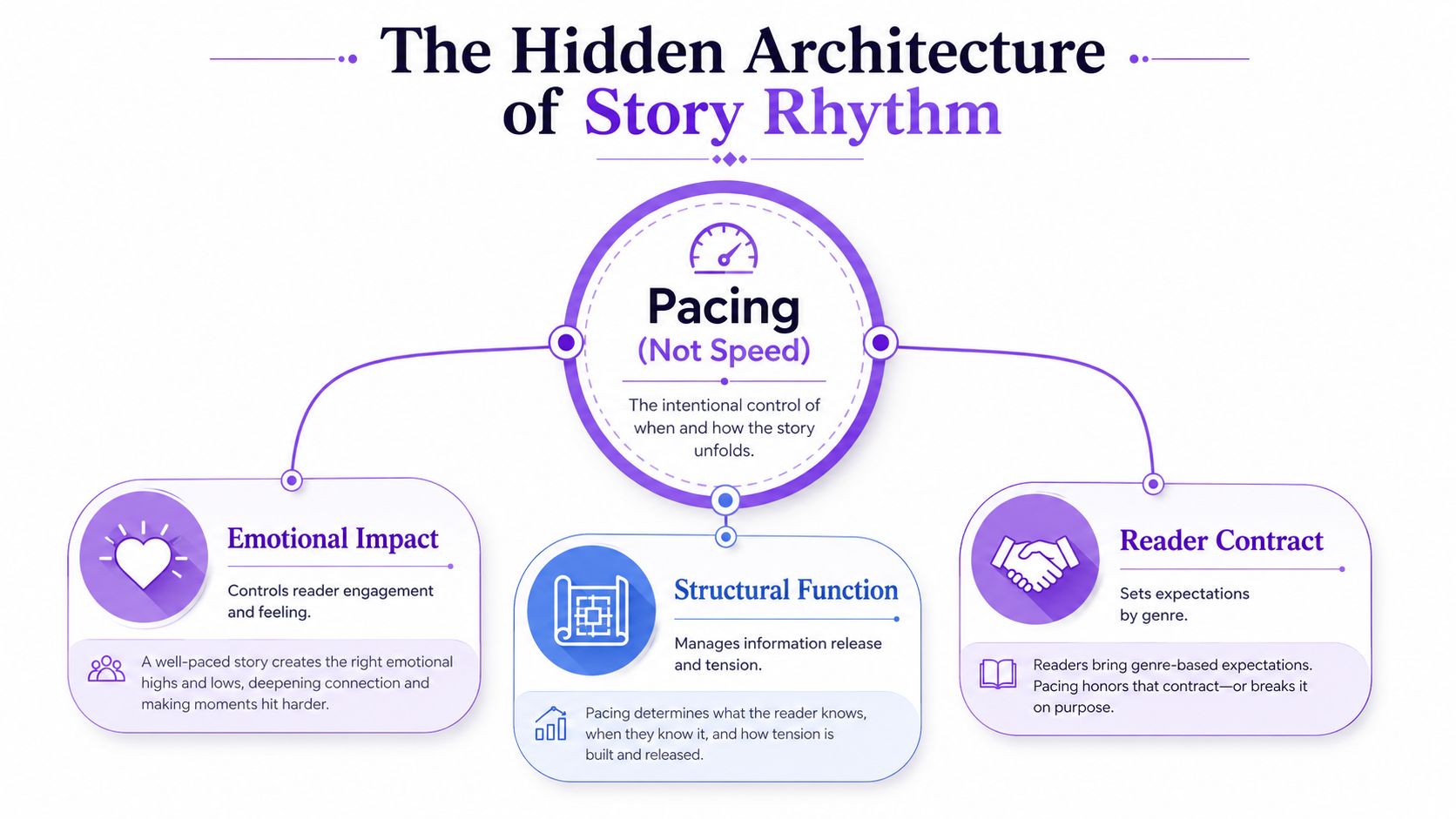 An infographic titled The Hidden Architecture of Story Rhythm explaining how pacing relates to emotional impact, structure, and reader expectations.