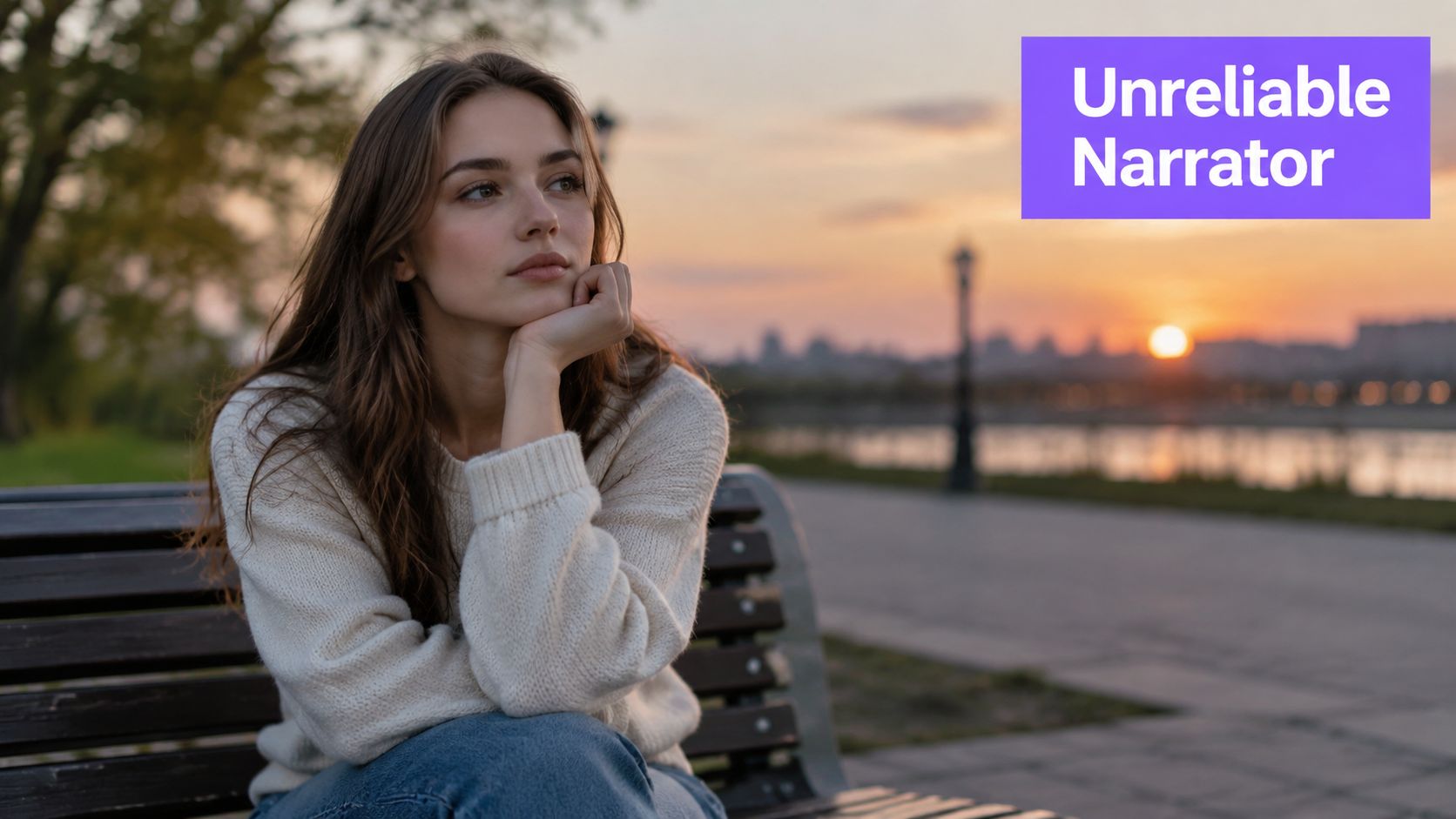 A young woman sits thoughtfully on a park bench at sunset, looking away into the distance.