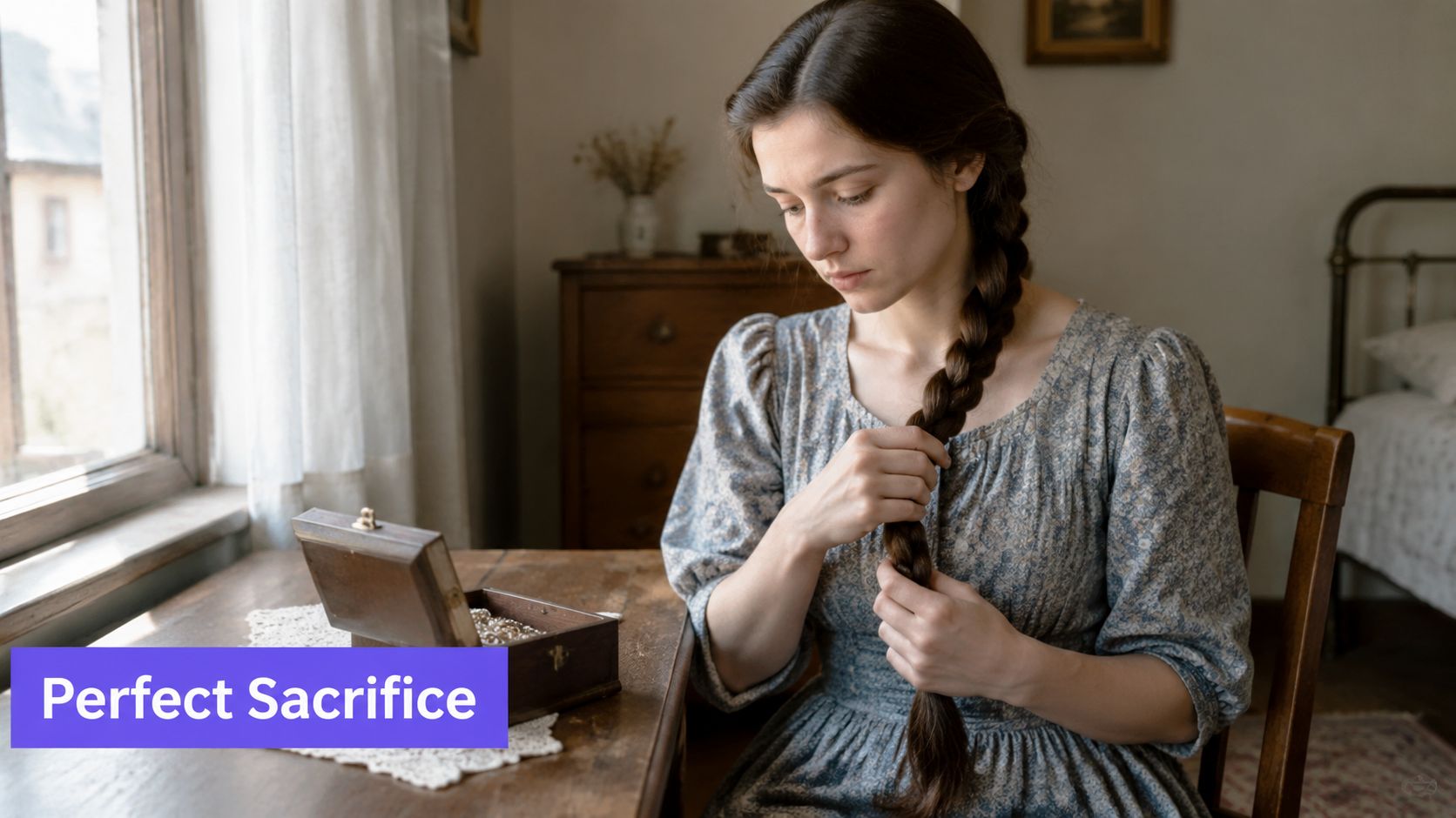 A pensive woman in a period dress braiding her long hair beside an antique jewelry box.