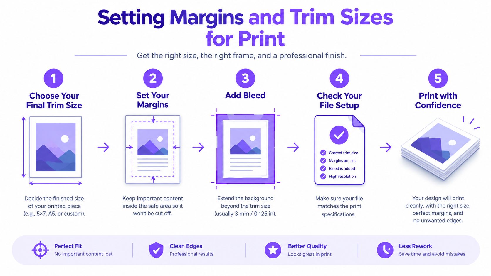 An infographic illustrating five steps for setting correct margins and bleed for professional print design projects.