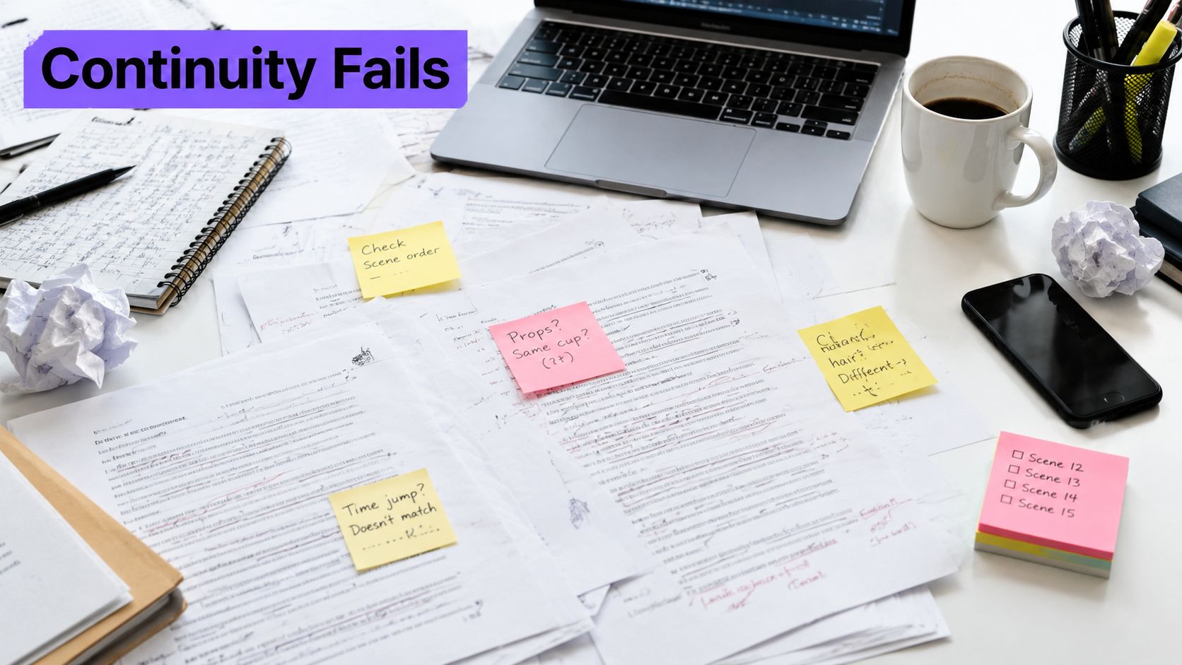A high-angle view of a messy desk with scripts, sticky notes, a laptop, coffee, and crumpled paper.