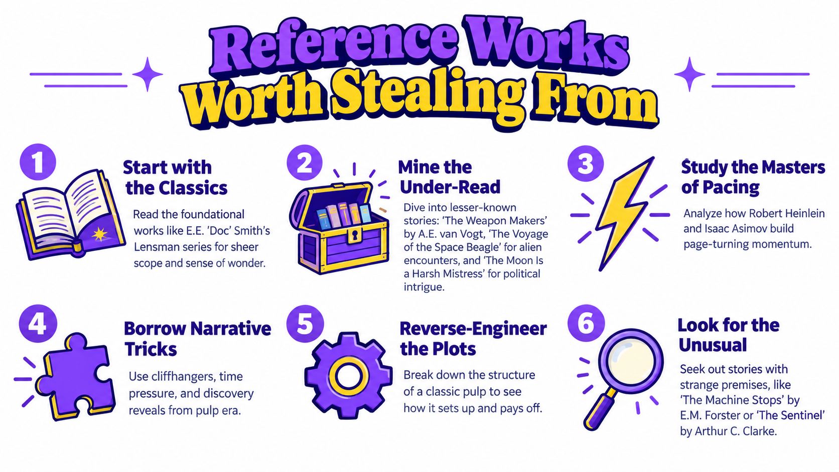 An infographic titled Reference Works Worth Stealing From providing six tips for writing science fiction stories.