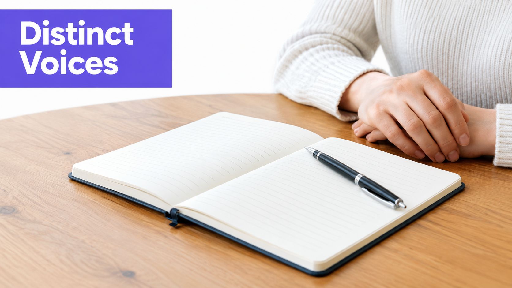 An open notebook with a black pen resting on a wooden table beside folded hands.