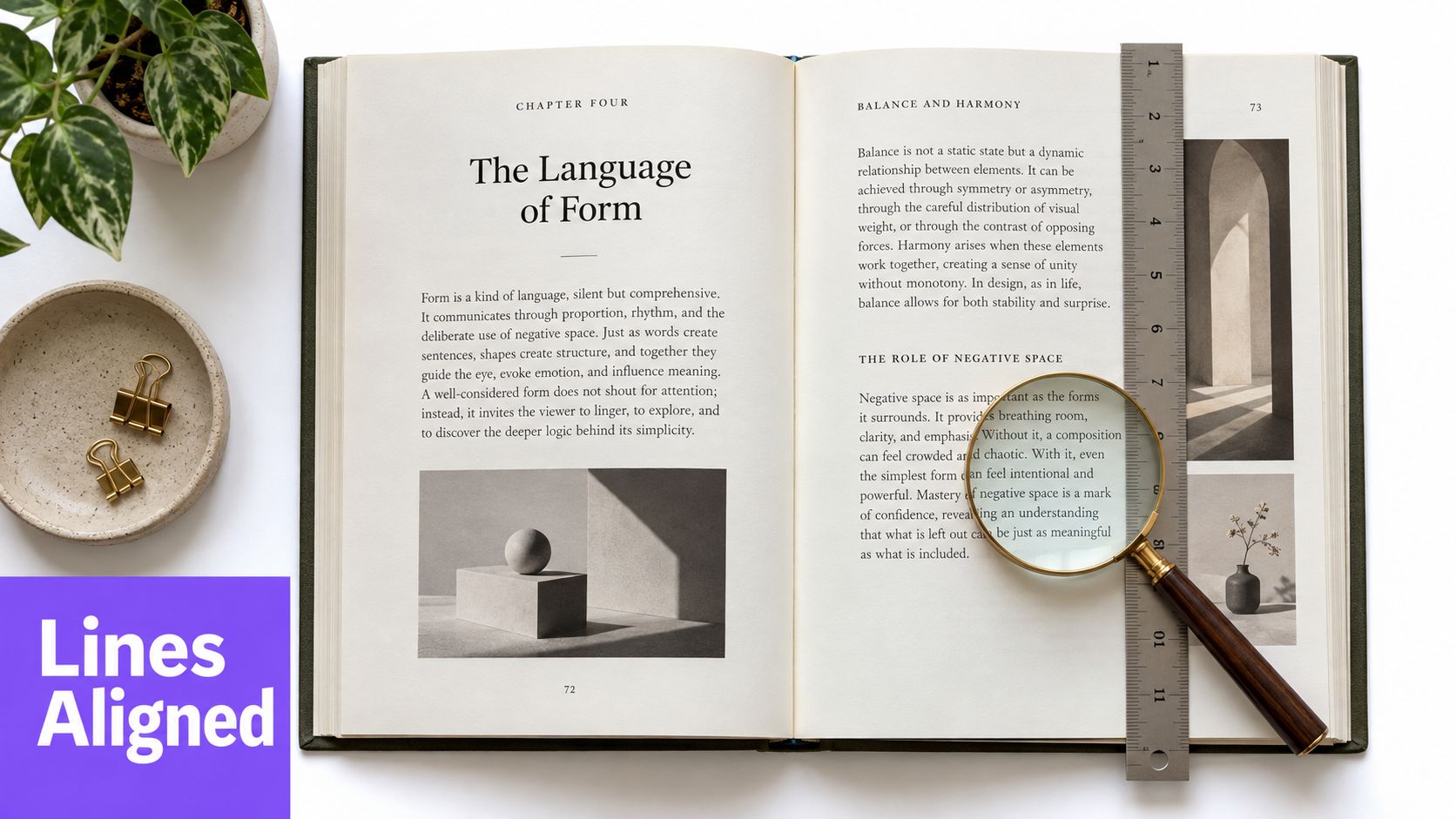 Open book on design principles featuring a magnifying glass and metal ruler on a white desk.