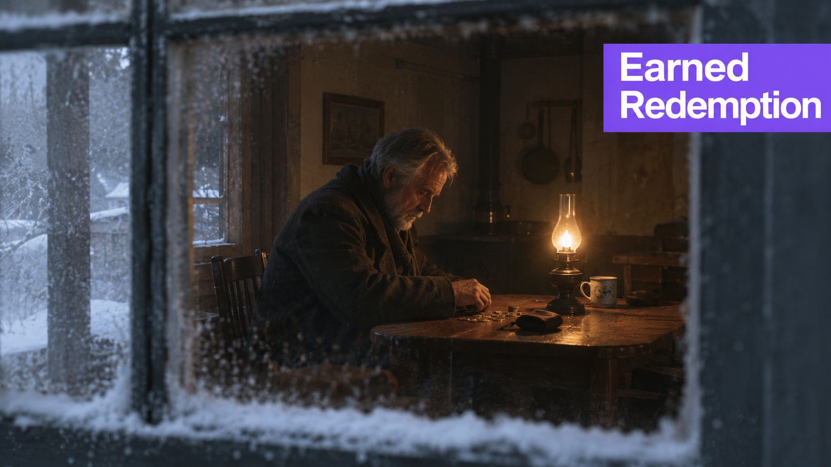 An elderly man sitting at a rustic wooden table counting coins by the light of a lantern.