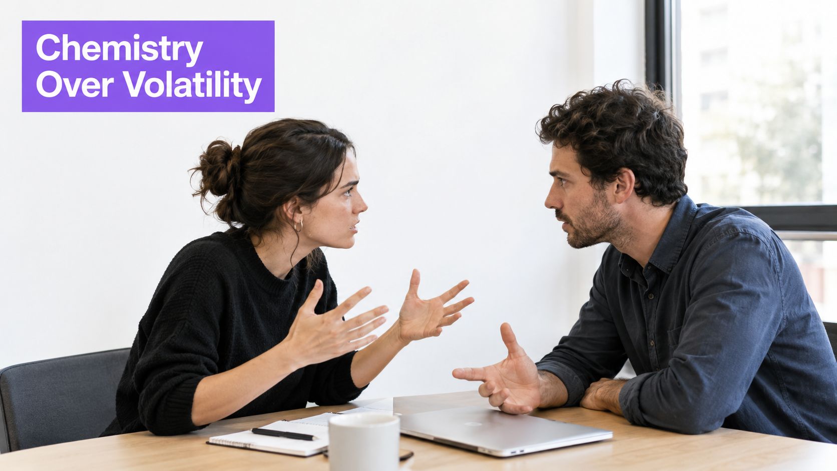 A man and a woman sitting at a desk having an intense, argumentative conversation in an office.
