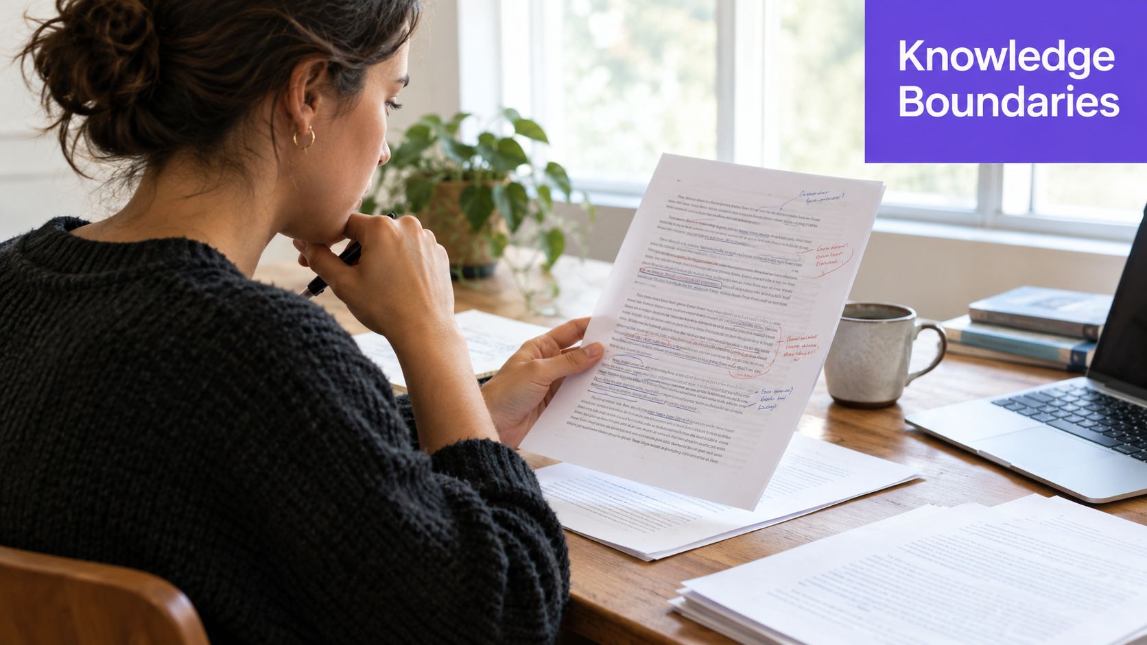 A woman reviewing a document with red handwritten notes while sitting at a desk with a laptop.