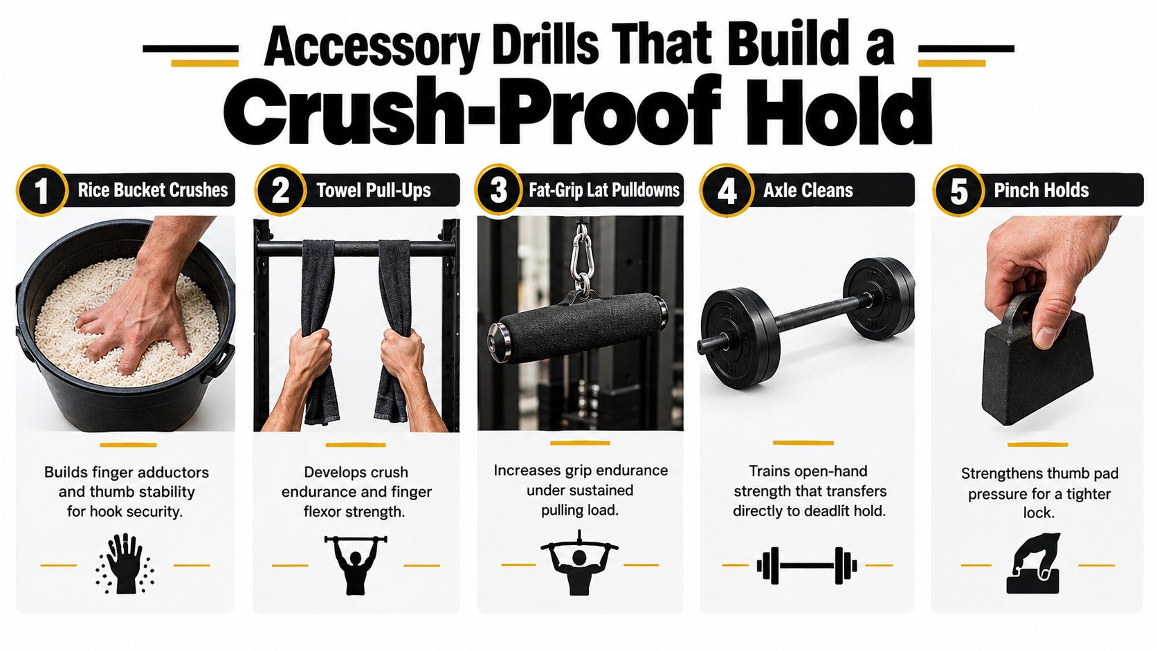 An infographic detailing five effective accessory drills for developing a strong, secure powerlifting hook grip hold.