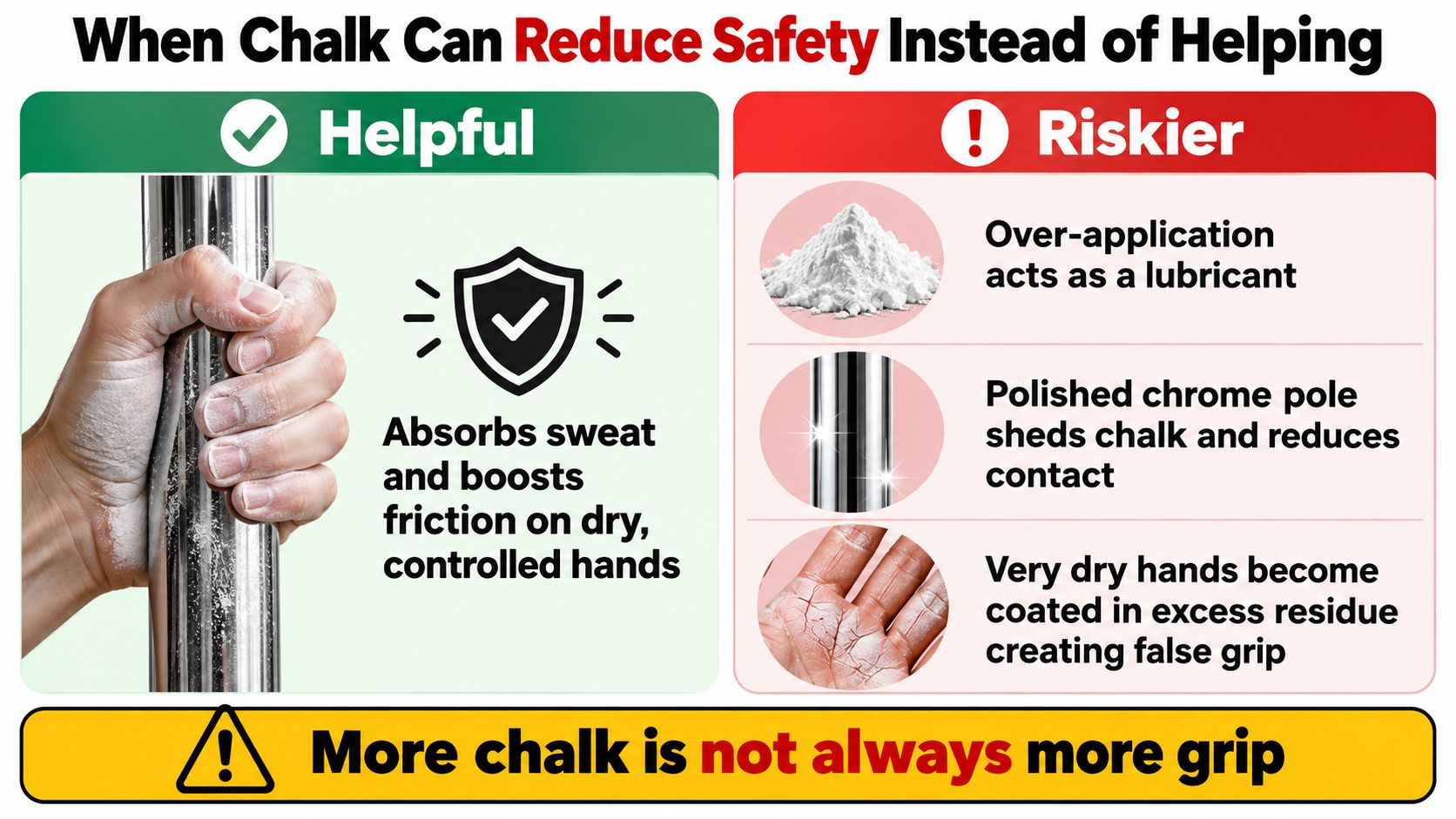 An infographic showing that using too much chalk in pole dancing can reduce grip and safety.