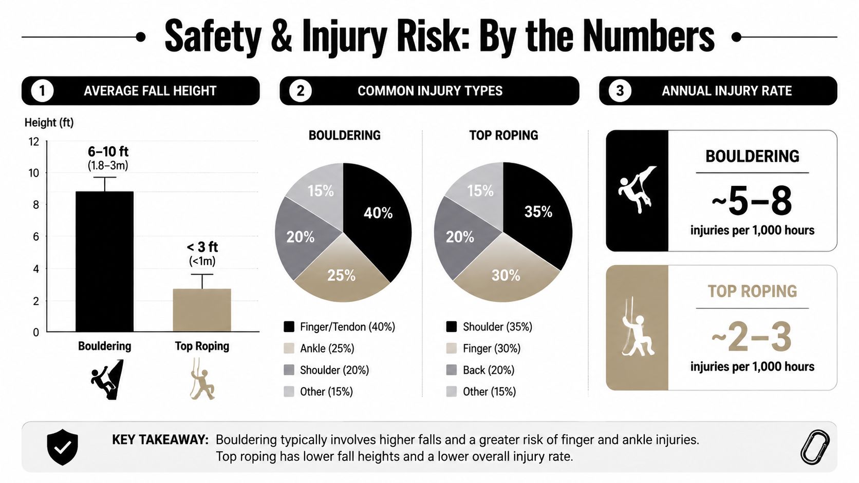 An infographic comparing safety and injury statistics between bouldering and top roping climbing disciplines.