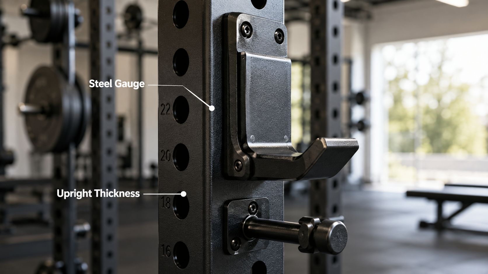 Close-up view of a black metal gym squat rack upright with numbered holes and adjustable attachments.
