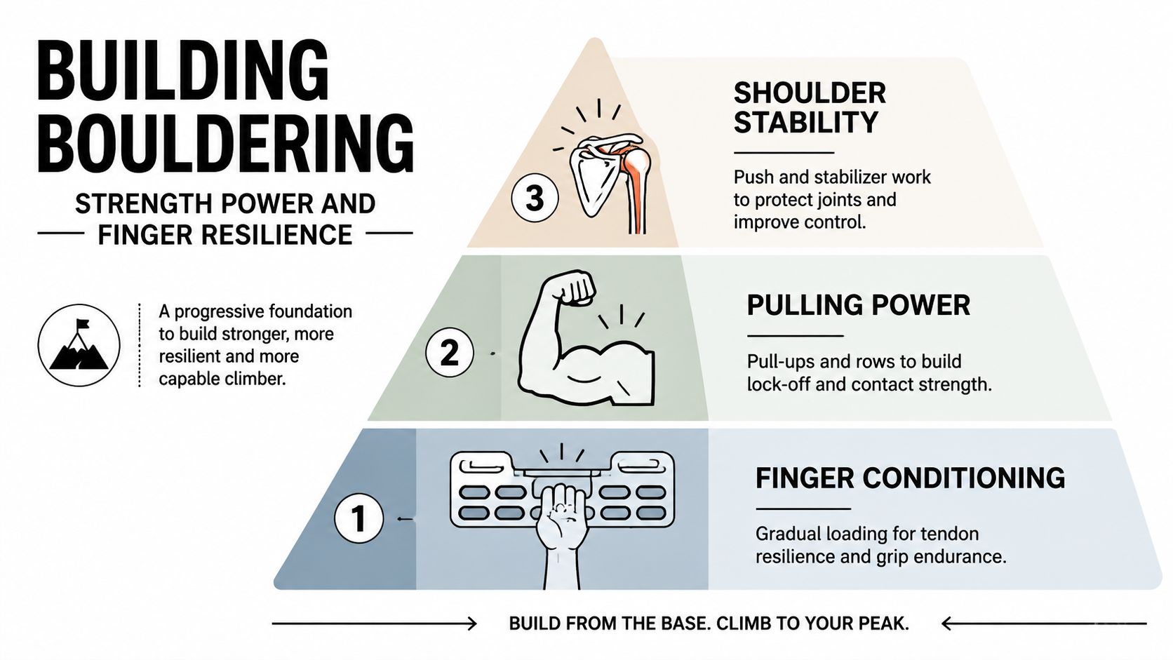 A tiered pyramid diagram illustrating three progressive steps for building bouldering strength, power, and finger resilience.