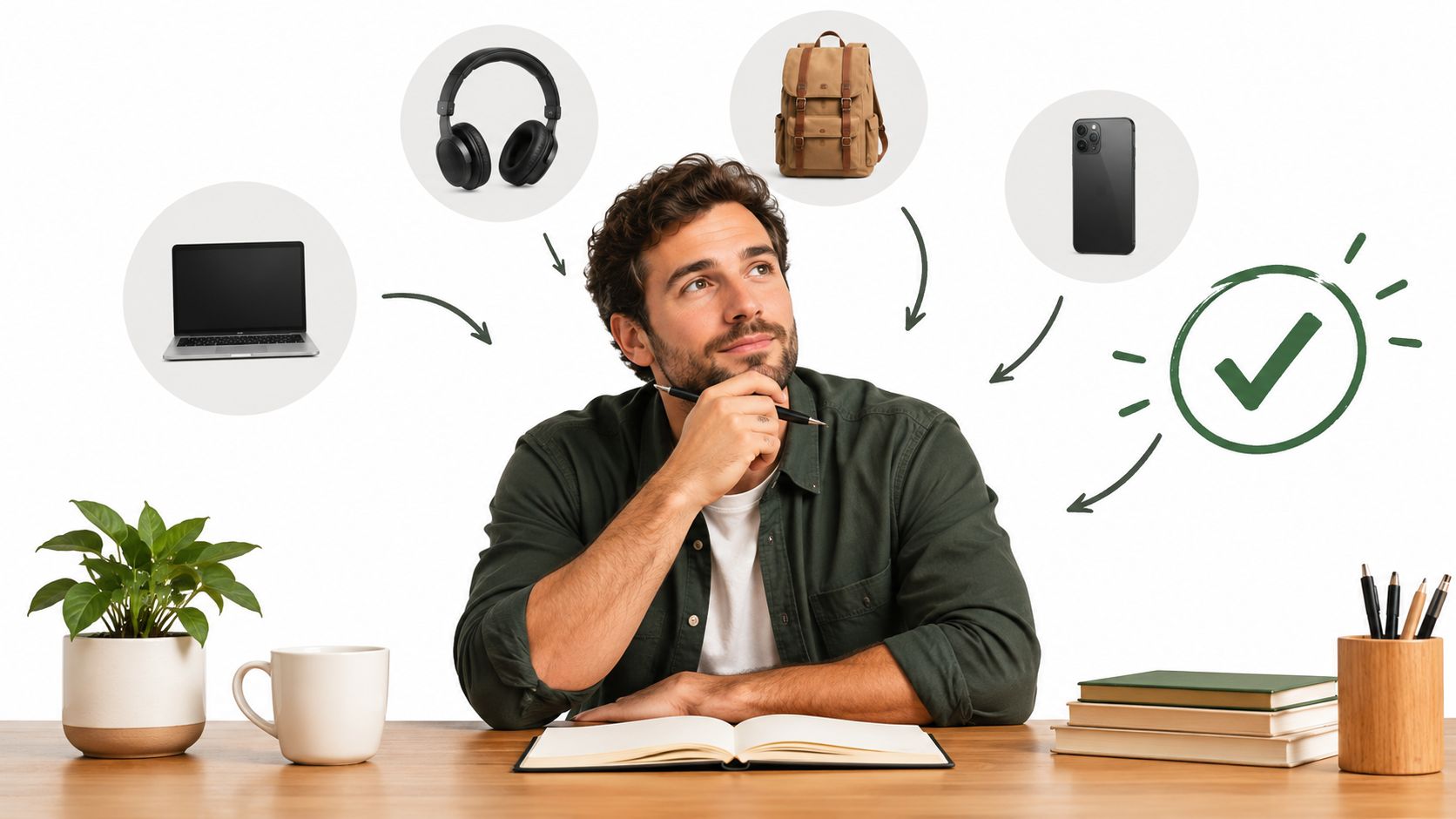 A thoughtful man sitting at a desk surrounded by tech icons, books, and a checkmark graphic.