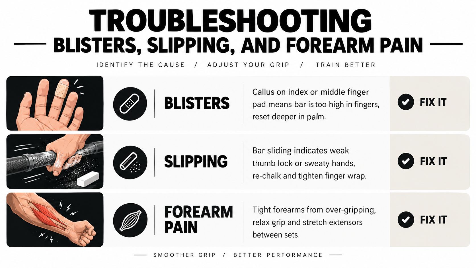 An infographic showing troubleshooting tips for common weightlifting issues like hand blisters, bar slipping, and forearm pain.