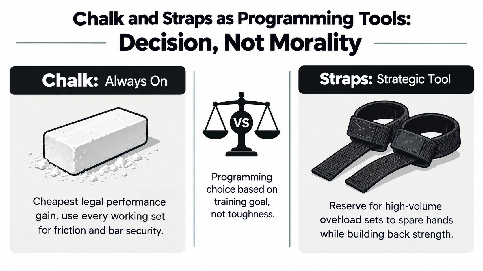 A comparison chart explaining the strategic use of chalk and lifting straps in powerlifting training programs.