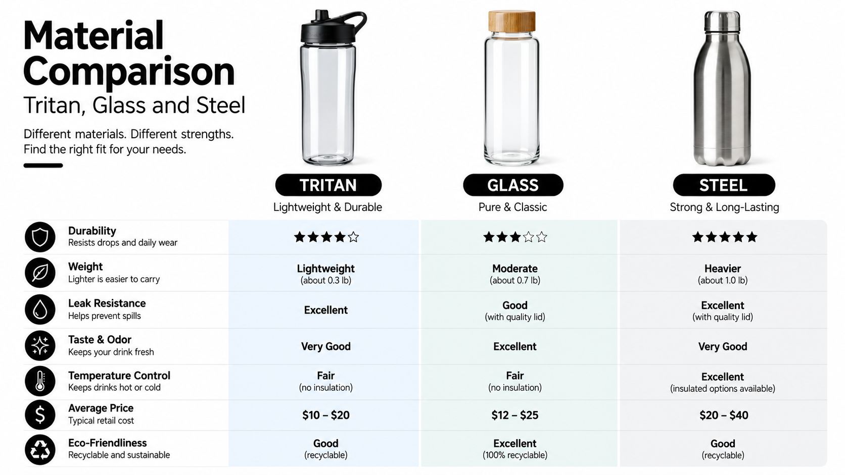 A comparison chart showing features like durability, weight, and price for Tritan, Glass, and Steel water bottles.