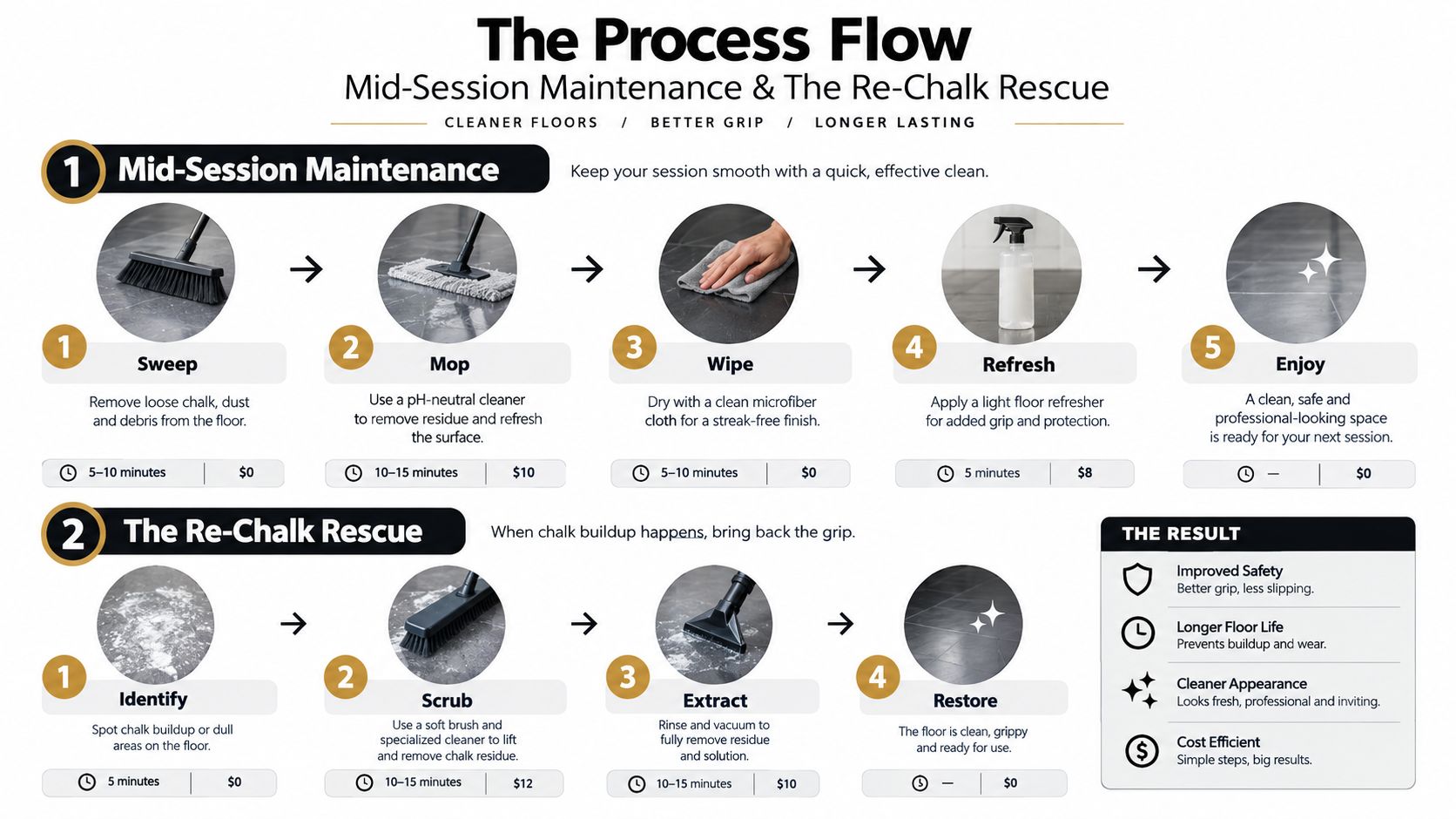 A professional infographic illustrating step-by-step cleaning and maintenance processes for pole fitness studio flooring.
