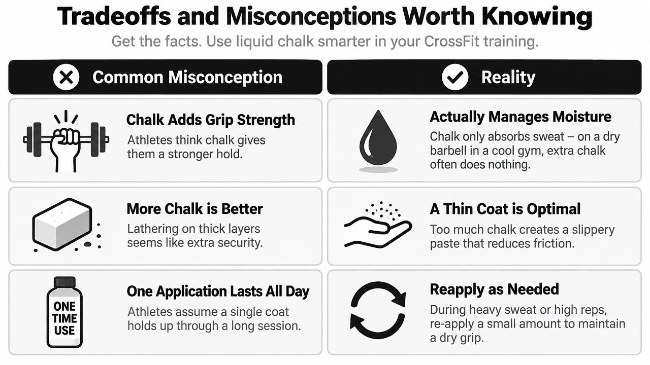An infographic comparing common misconceptions and reality regarding the use of liquid chalk in CrossFit training.