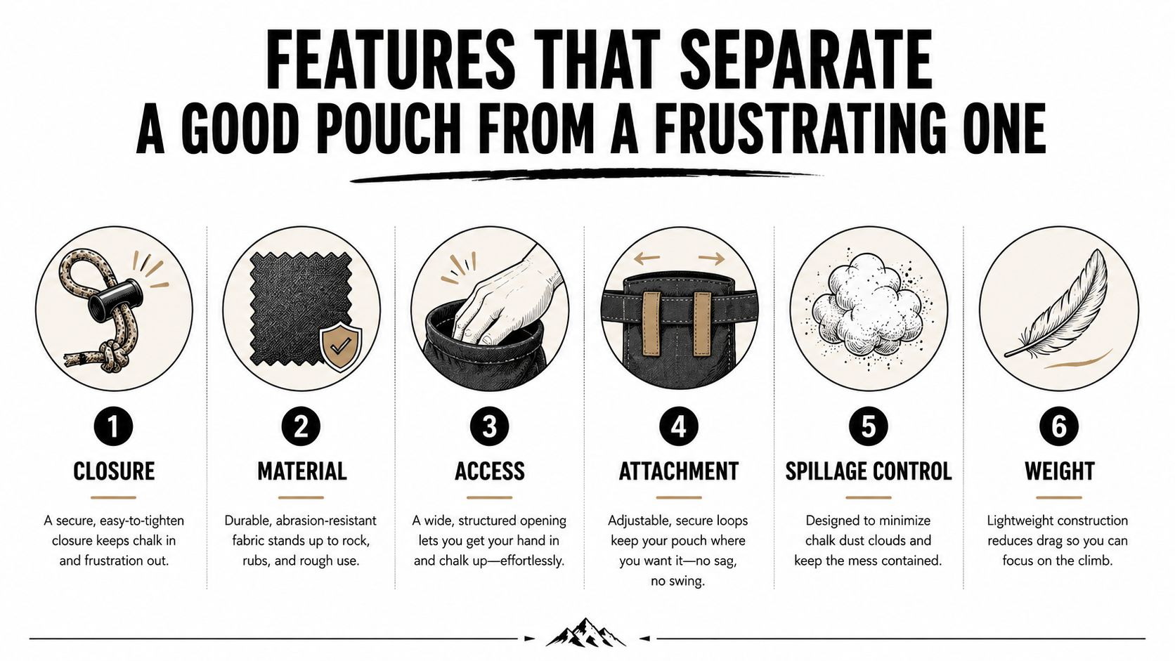 A infographic explaining six key features to consider when selecting a high-quality climbing chalk pouch.