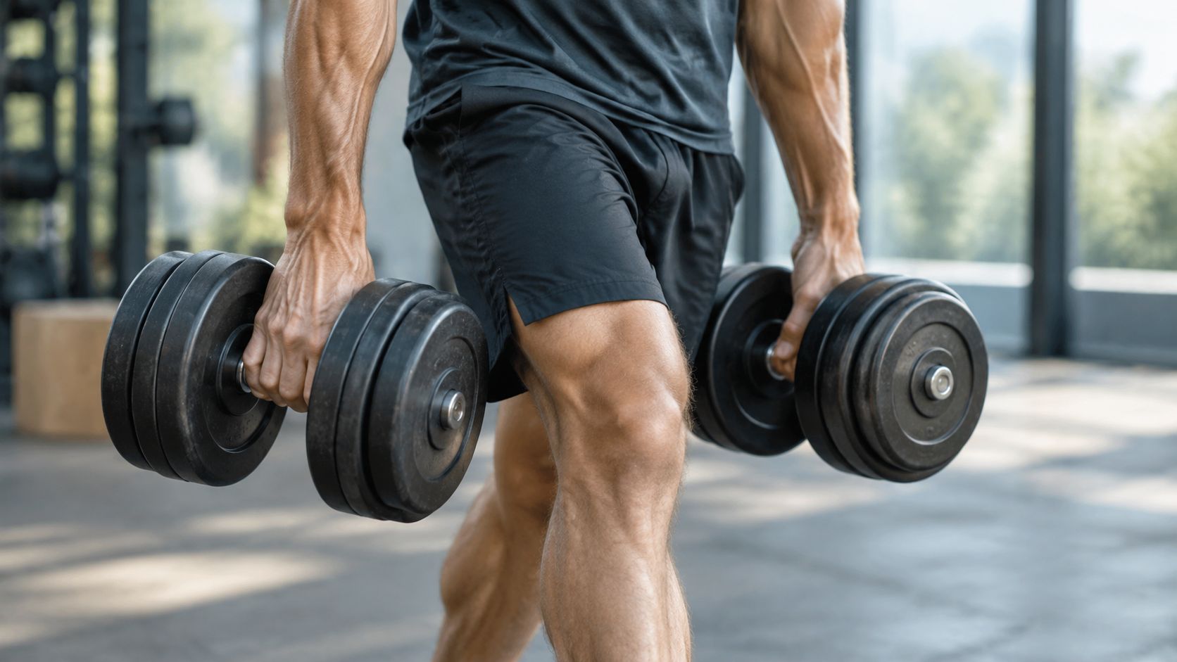 A muscular man performing a farmer's carry exercise with heavy dumbbells in a modern gym setting.