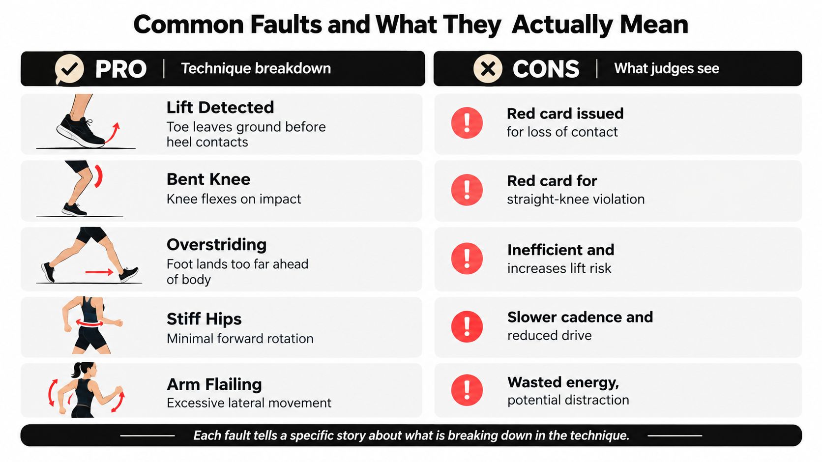 A technical infographic illustrating common racewalking faults and their consequences, including lift, bent knees, and inefficient mechanics.