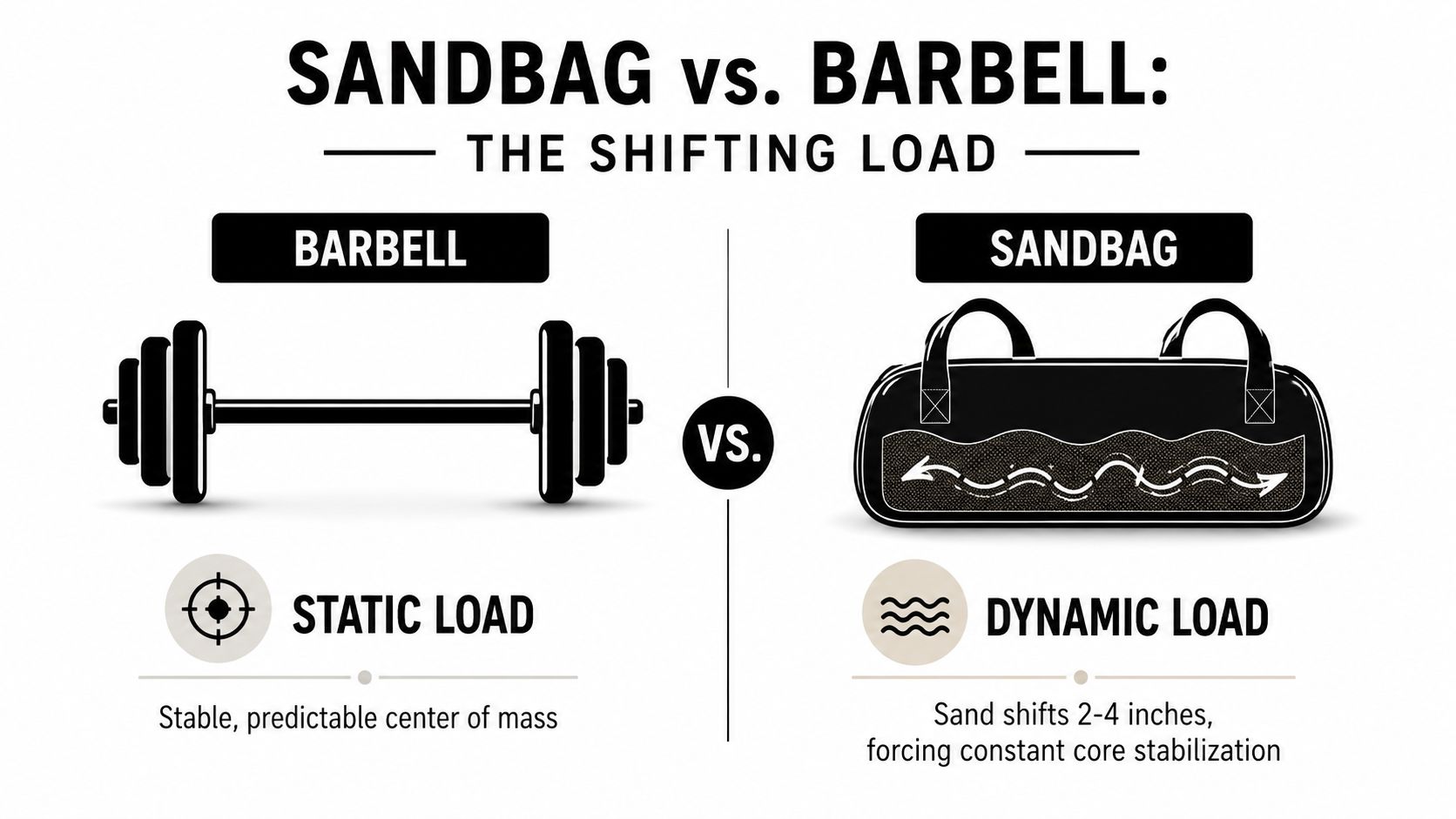 A comparison infographic between a static barbell load and a shifting dynamic sandbag training load.