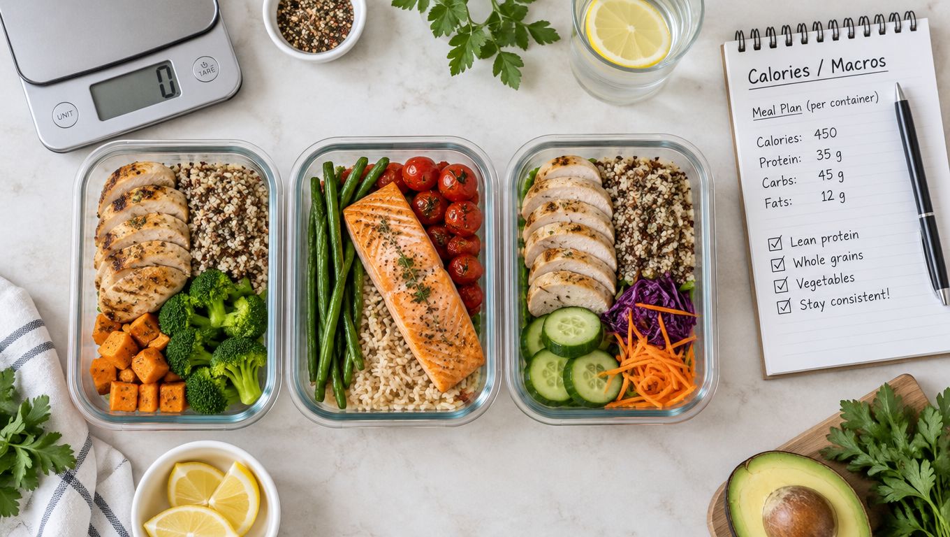 Three glass containers filled with healthy meal prep consisting of salmon, chicken, vegetables, and whole grains.
