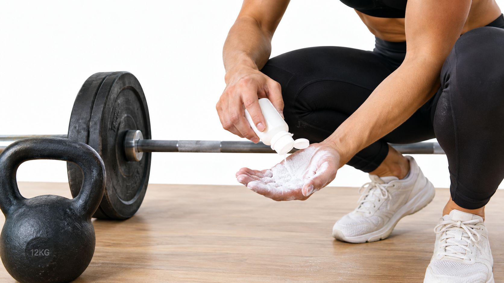 An athlete kneeling on a gym floor preparing to apply chalk to their hands for weightlifting.