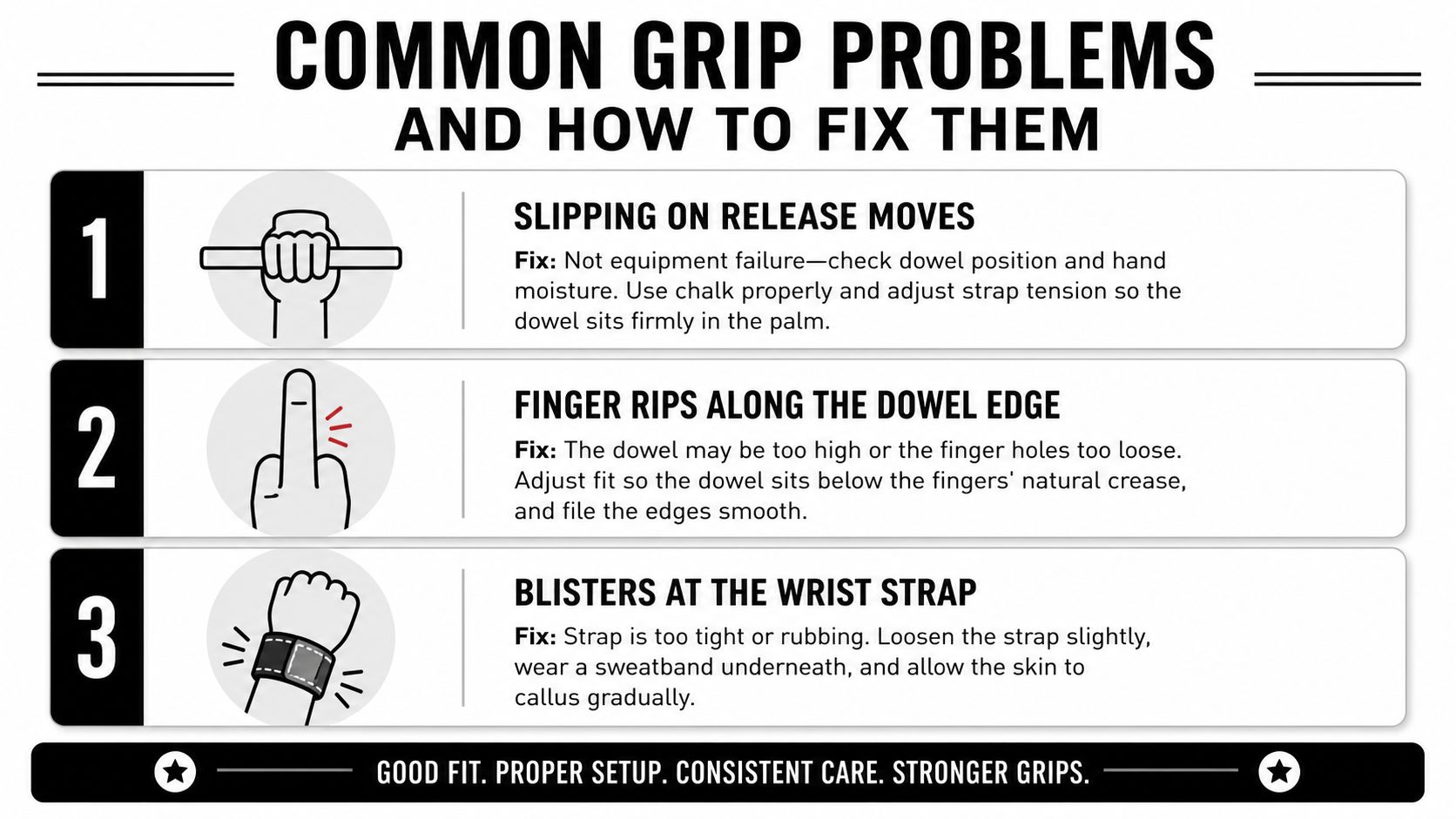 An infographic titled Common Grip Problems and How to Fix Them, showing solutions for gymnastic grip issues.