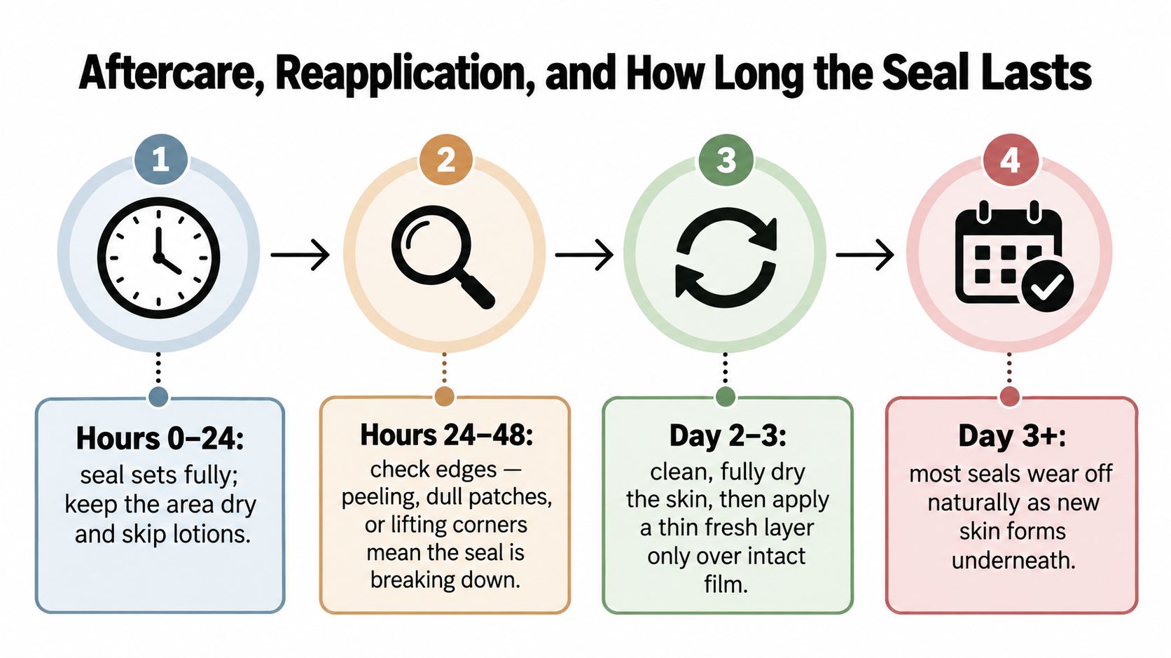 A four-step guide for liquid bandage aftercare, reapplication, and seal duration on healing skin.