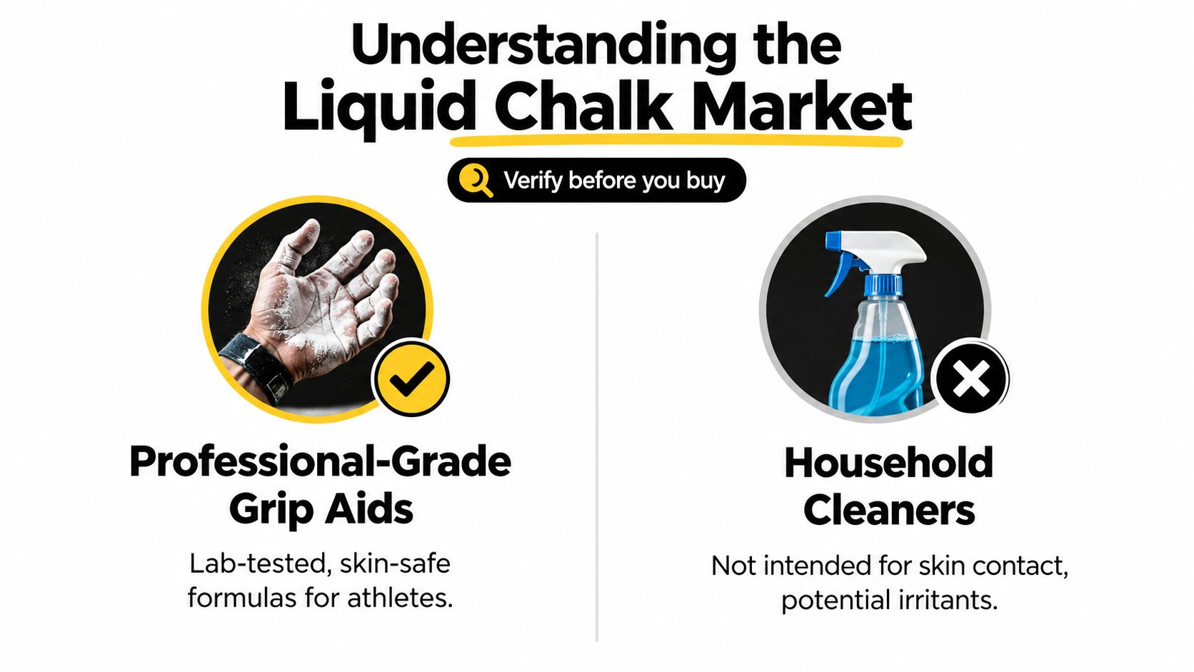An infographic comparing professional-grade liquid chalk for athletes with household cleaners to prevent skin irritation.