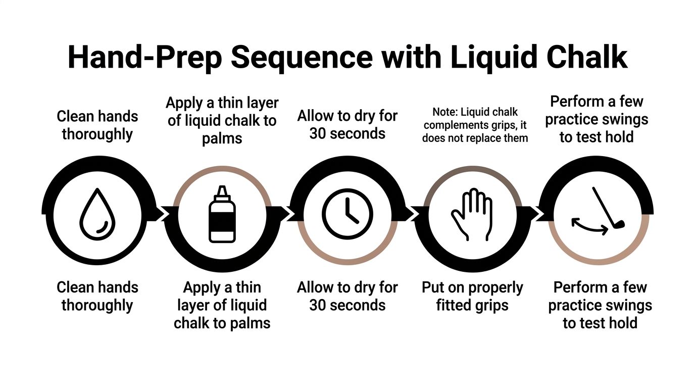 An instructional infographic detailing the five-step process for applying liquid chalk to hands for better grip.