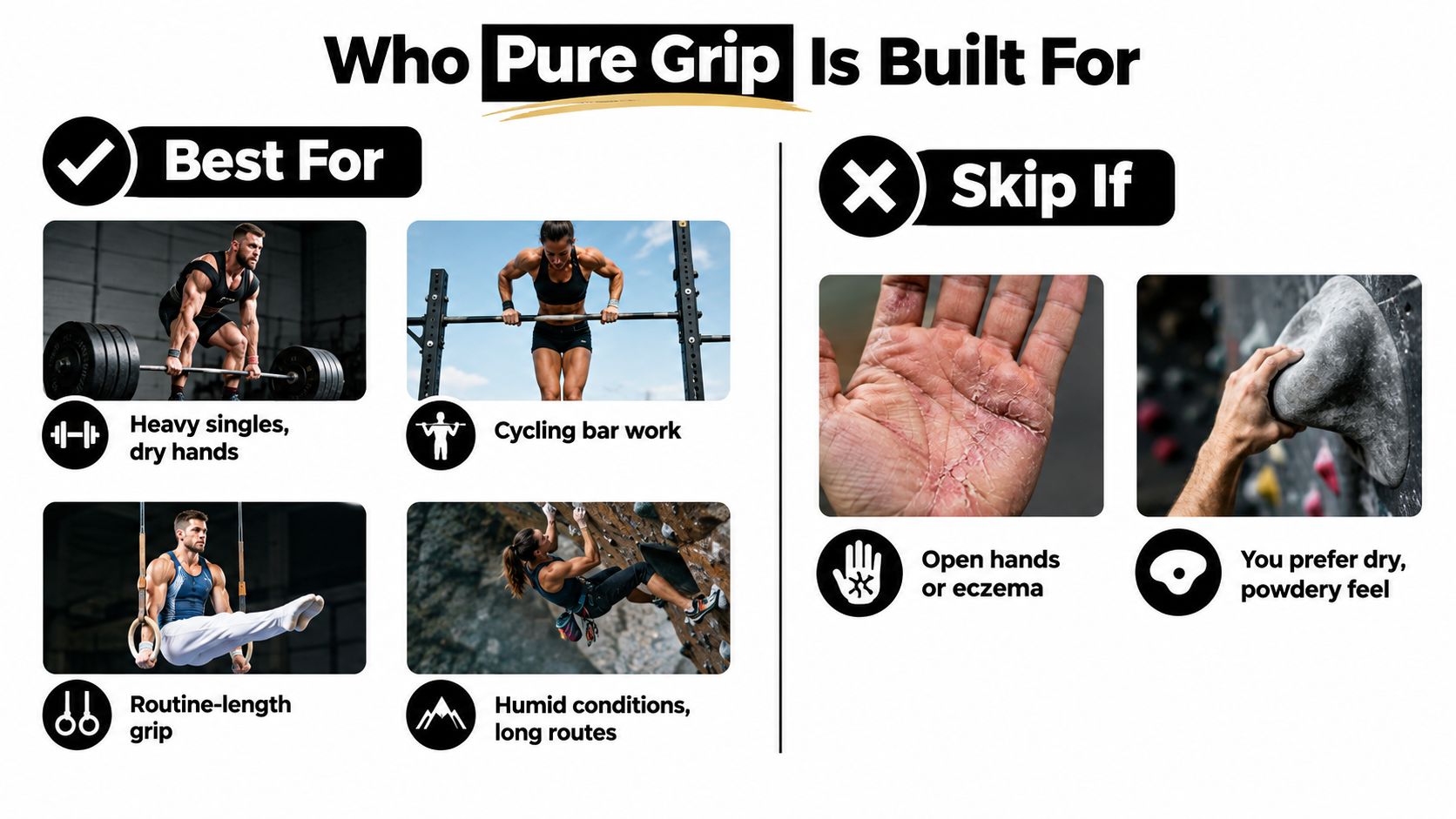 A comparison chart showing ideal use cases for Pure Grip liquid chalk versus scenarios where it is discouraged.