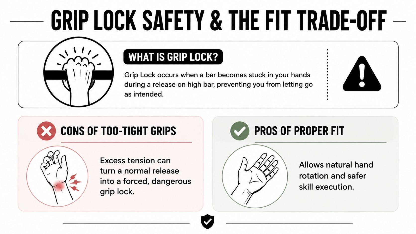 A safety infographic illustrating the dangers of too-tight gymnastics grips and the benefits of a proper fit.