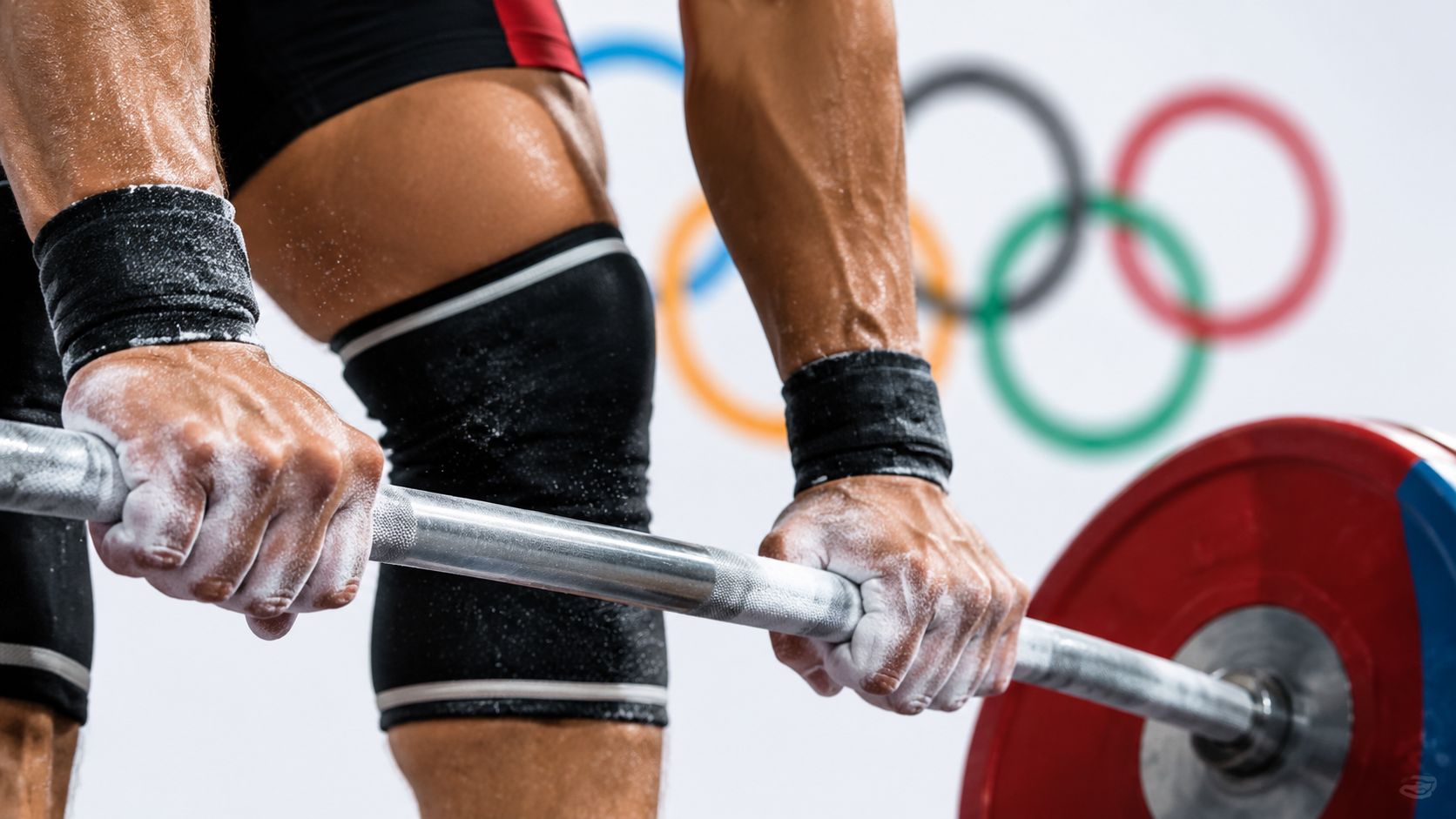 A close-up shot of a weightlifter holding a barbell with chalk-covered hands during an intense training session.