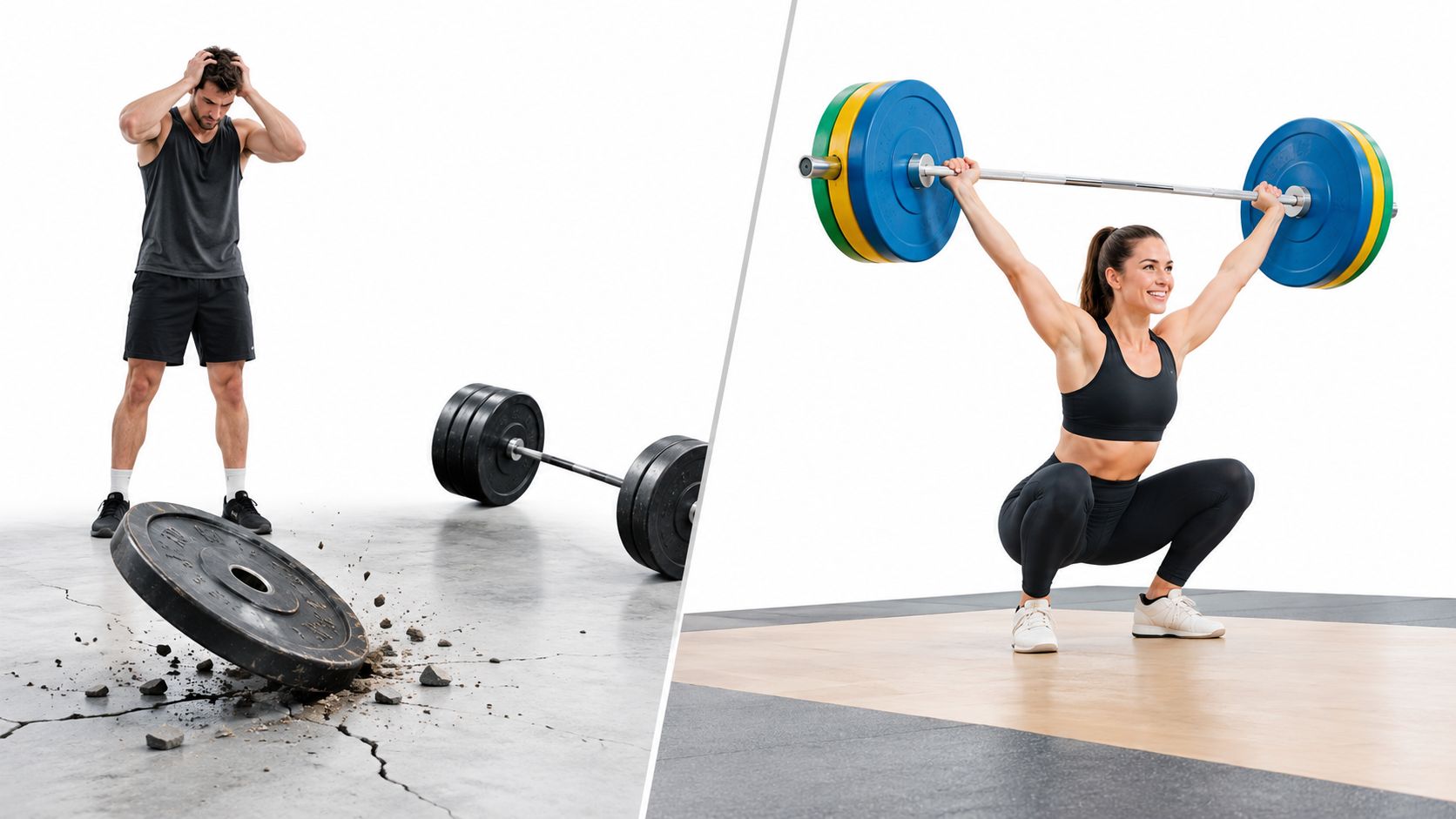 A split screen comparing a frustrated man standing by broken floor tiles and a woman performing a snatch.