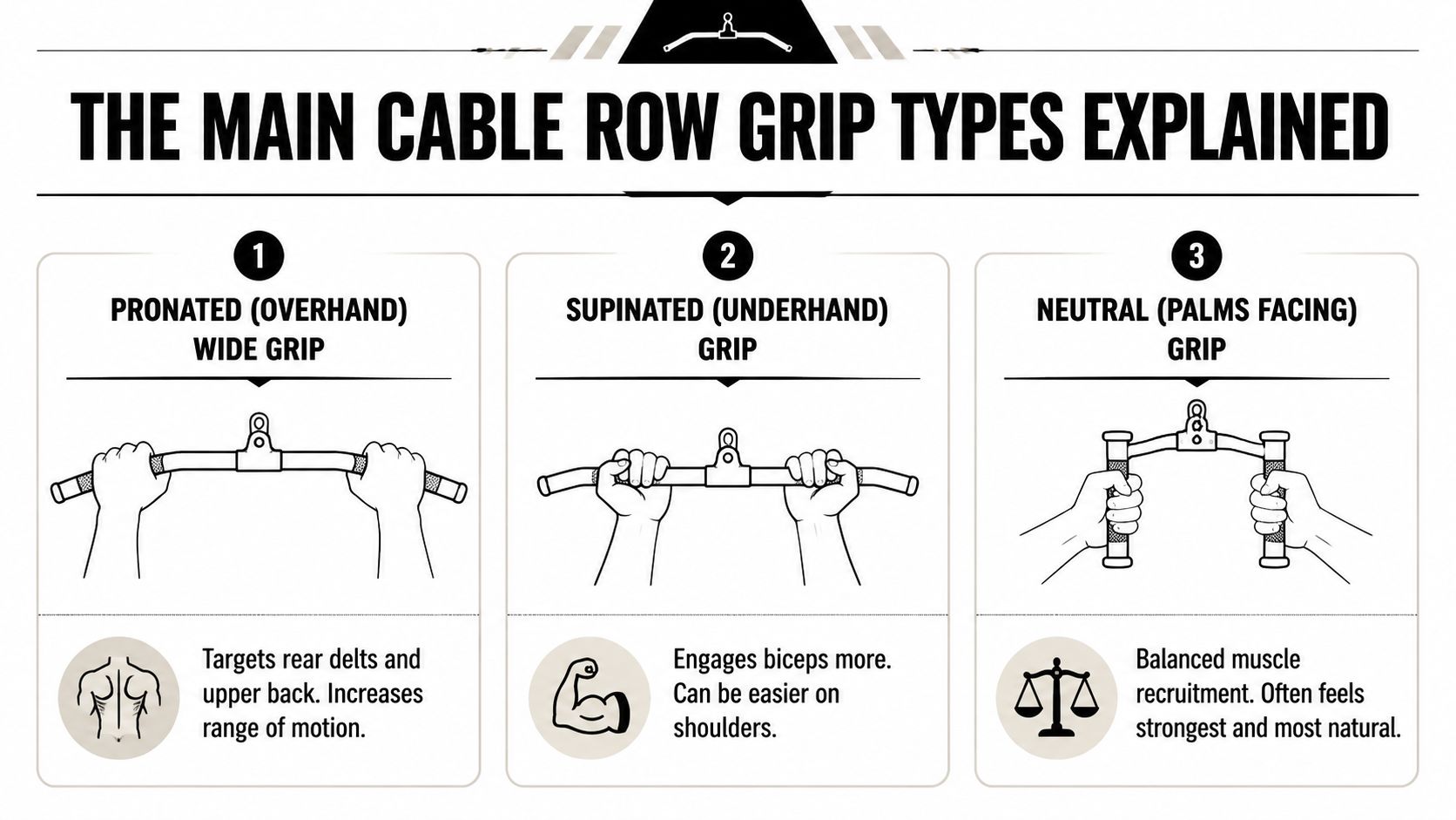 An infographic illustrating the three main types of cable row grips with descriptions of their muscle focus.